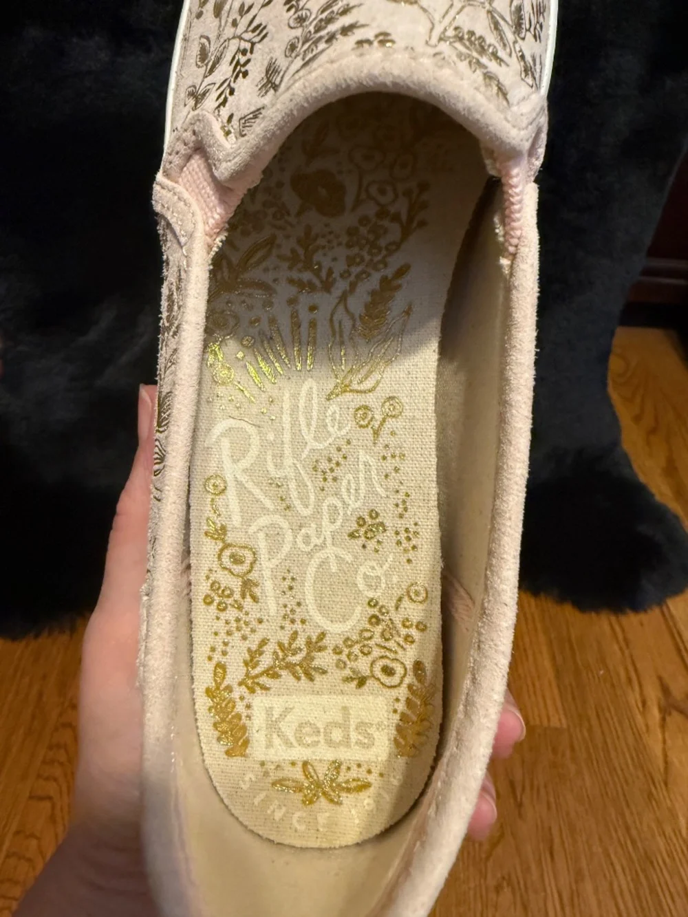 Rifle Paper Keds collaboration gorgeous light pink with gold floral and pattern